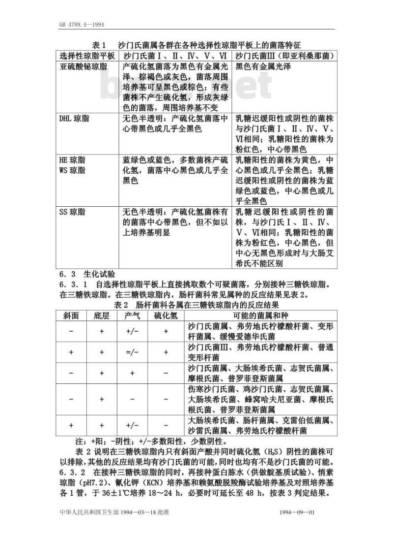 GB 4789.4-1994 食品卫生微生物学检验 沙门氏菌检验