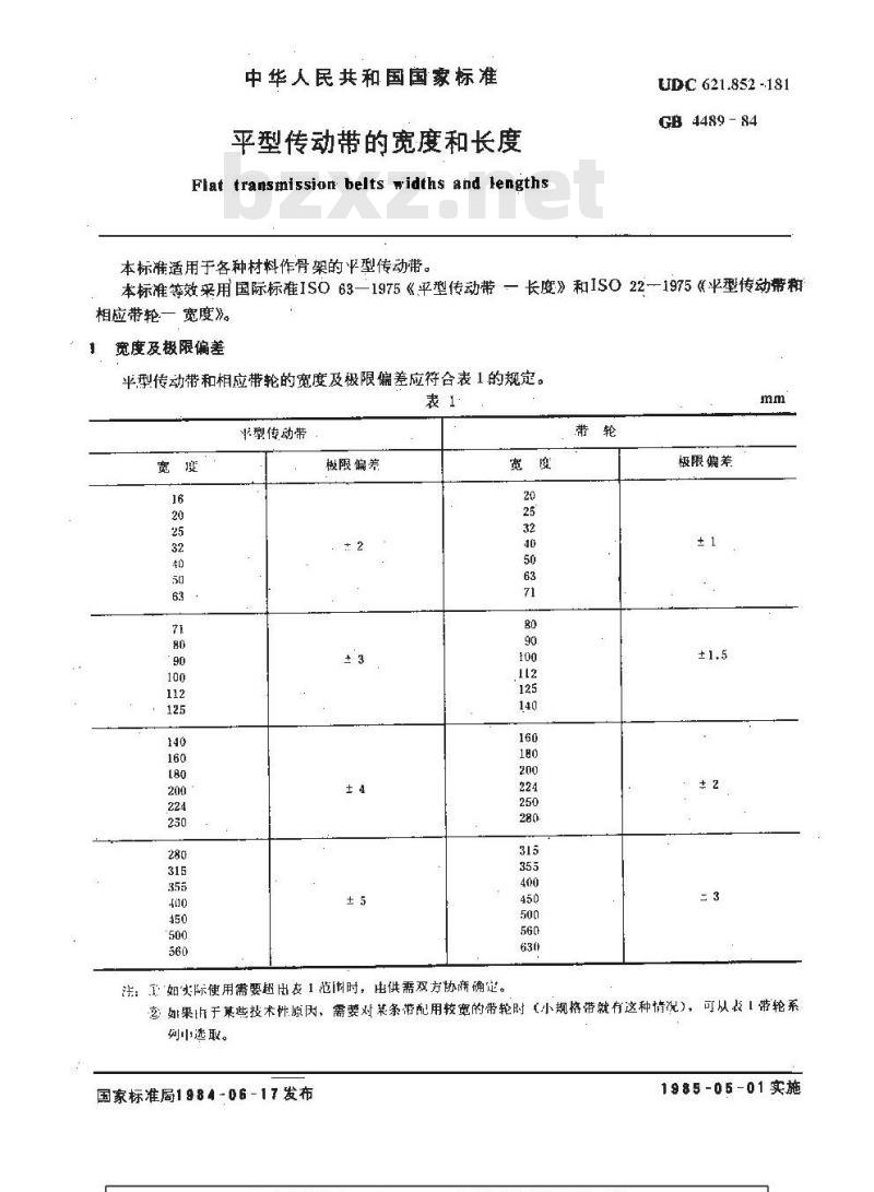 GB/T 4489-1984 平型传动带的宽度和长度