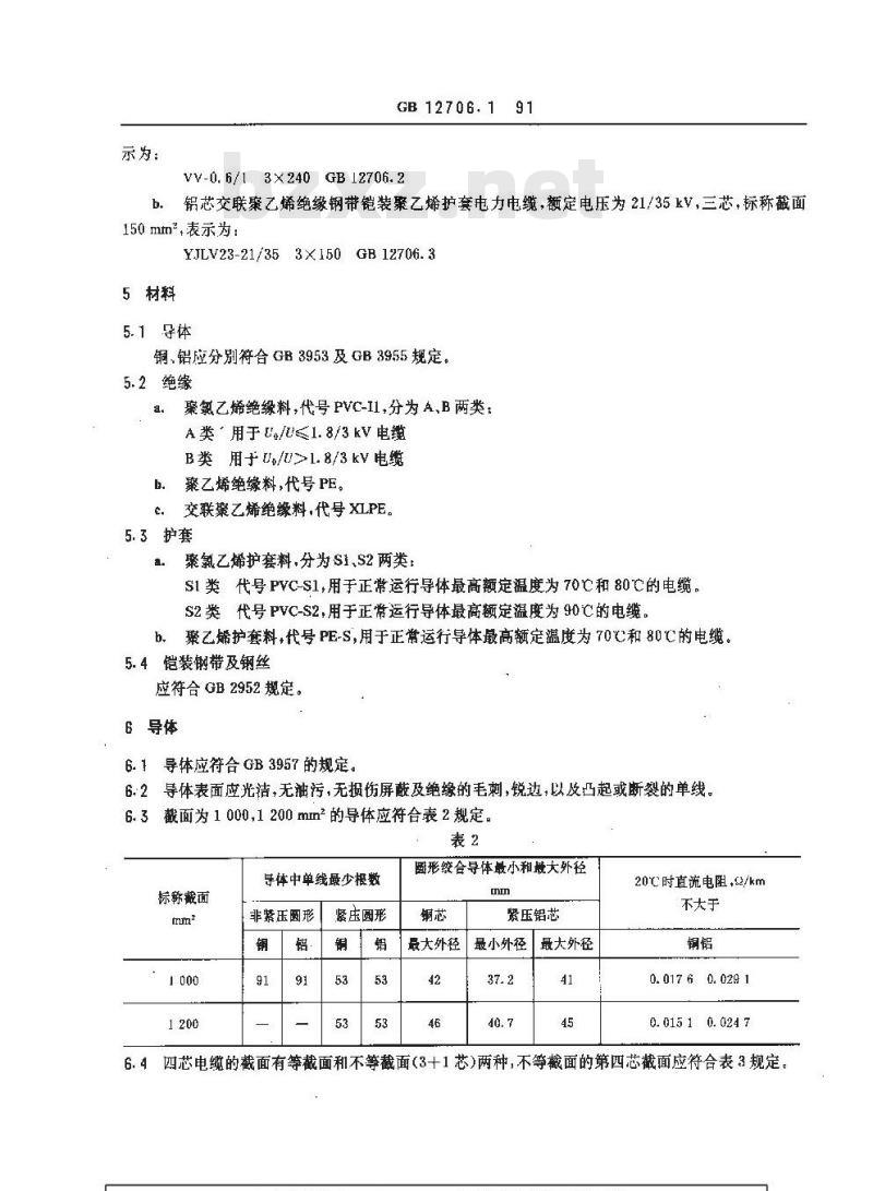 GB 12706.1-1991 额定电压35KV及以下铜芯 铝芯塑料绝缘电力电缆 第1部分:一般规定