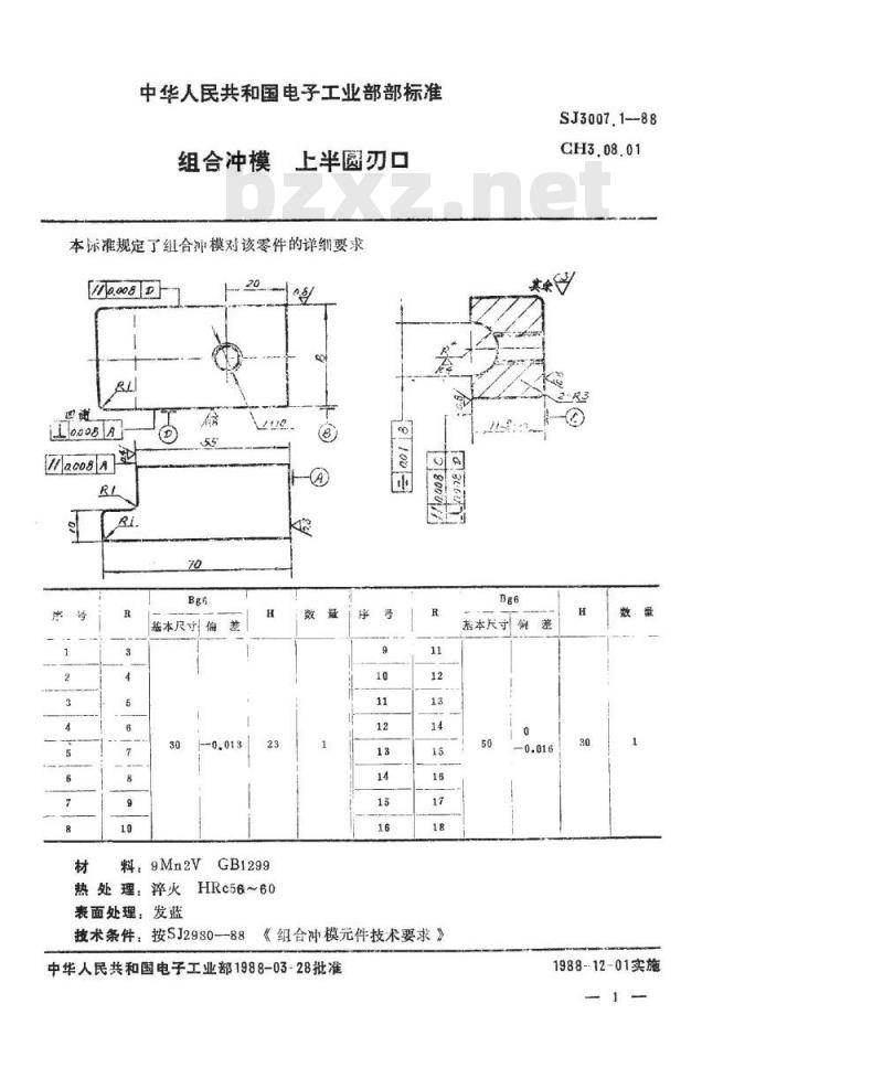SJ 3007.1-1988 组合冲模 上半圆刃口