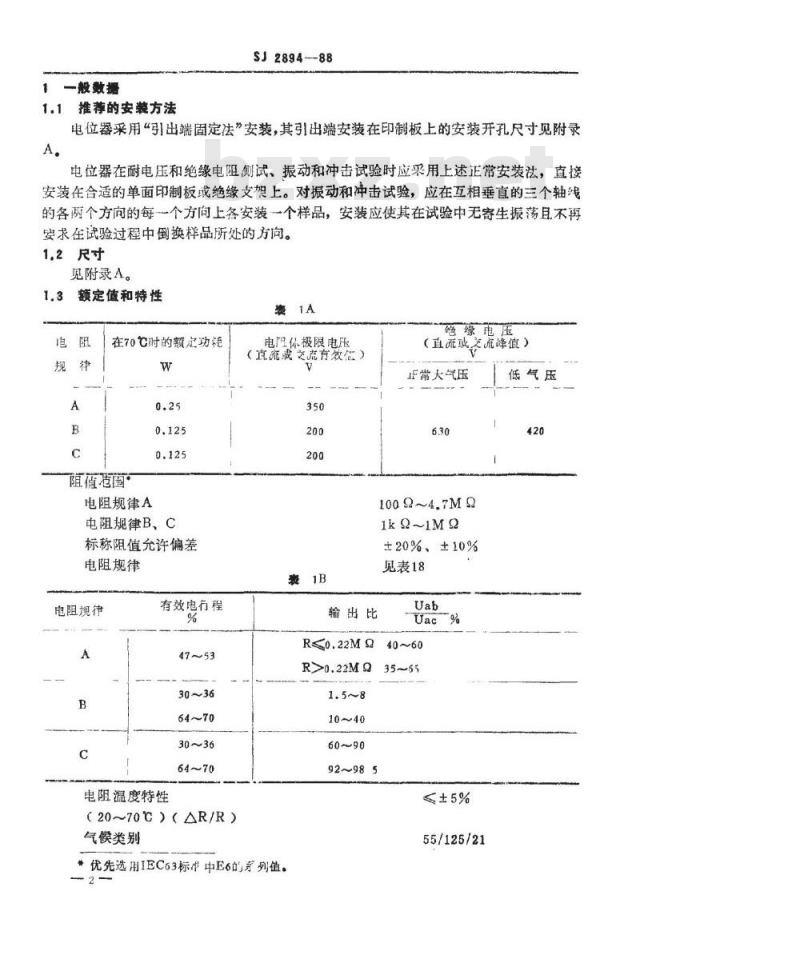 SJ 2894-1988 电子器件详细规范 ＷＳ２３型预调电位器 评定水平Ｅ