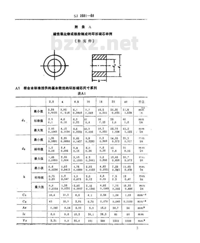 SJ 2881-1988 磁性氧化物或铁粉制成的环形磁芯的尺寸