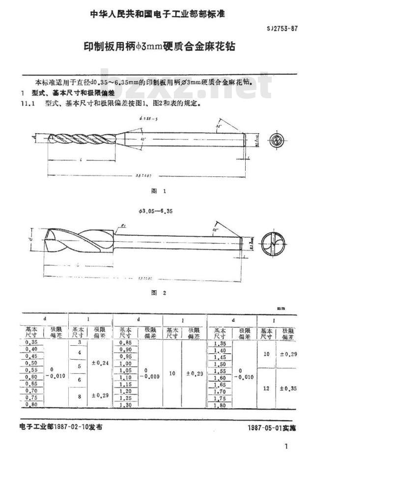 SJ 2753-1987 印制板用柄φ３ｍｍ硬质合金麻花钻