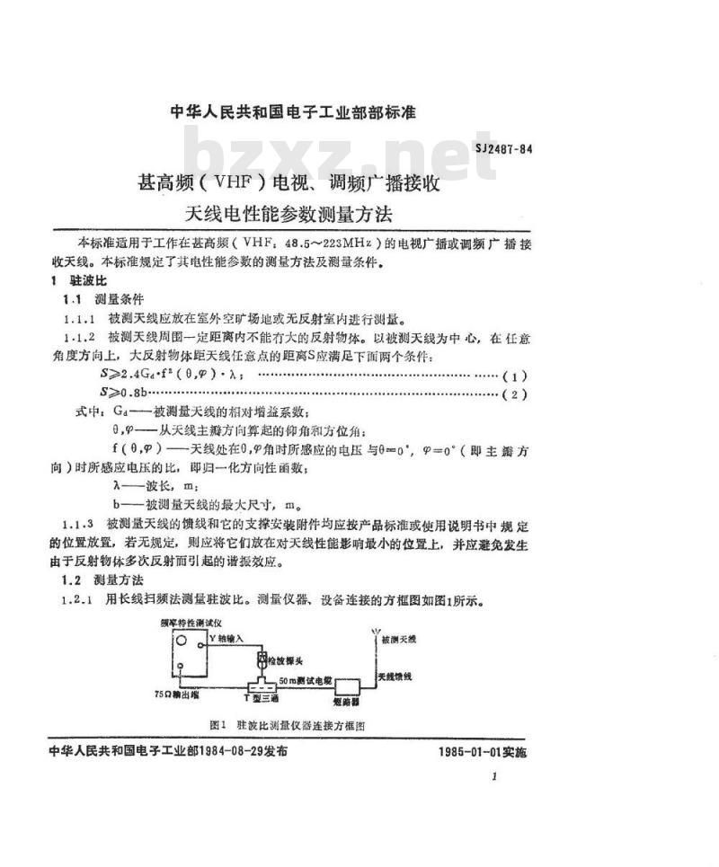 SJ 2487-1984 甚高频(ＶＨＦ)电视、调频广播接收天线电性能测量方法