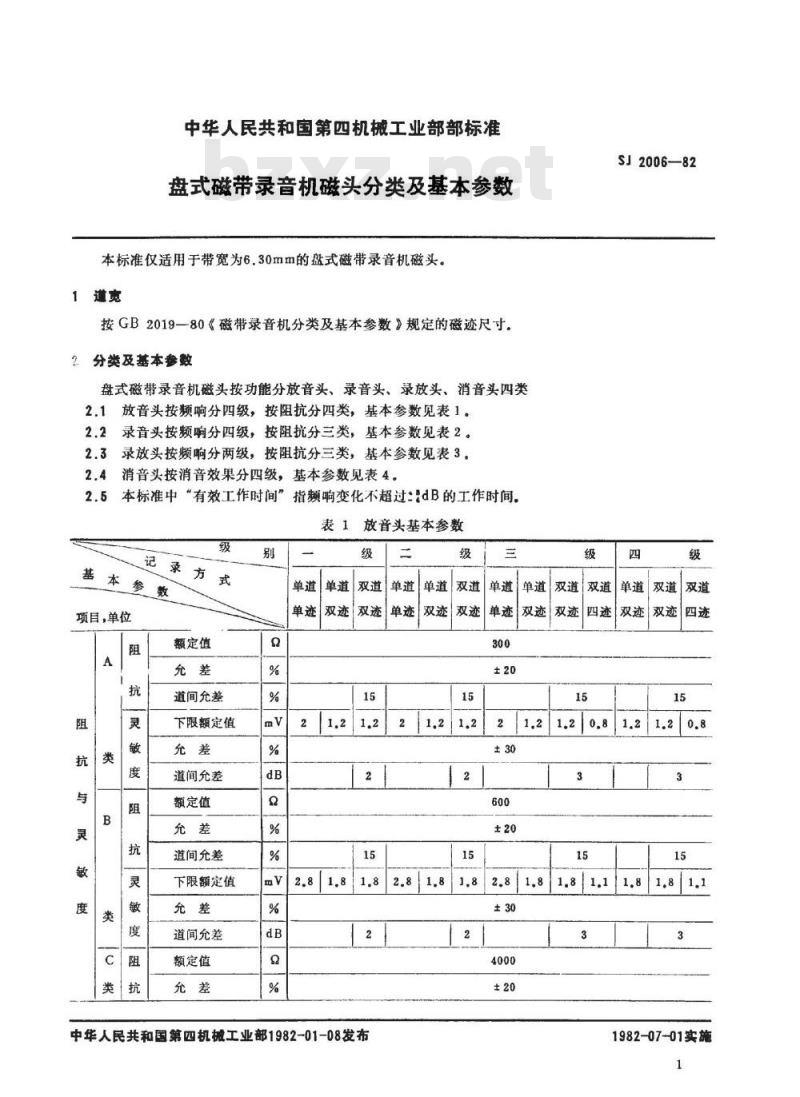 SJ 2006-1982 盘式磁带录音机磁头分类及基本参数