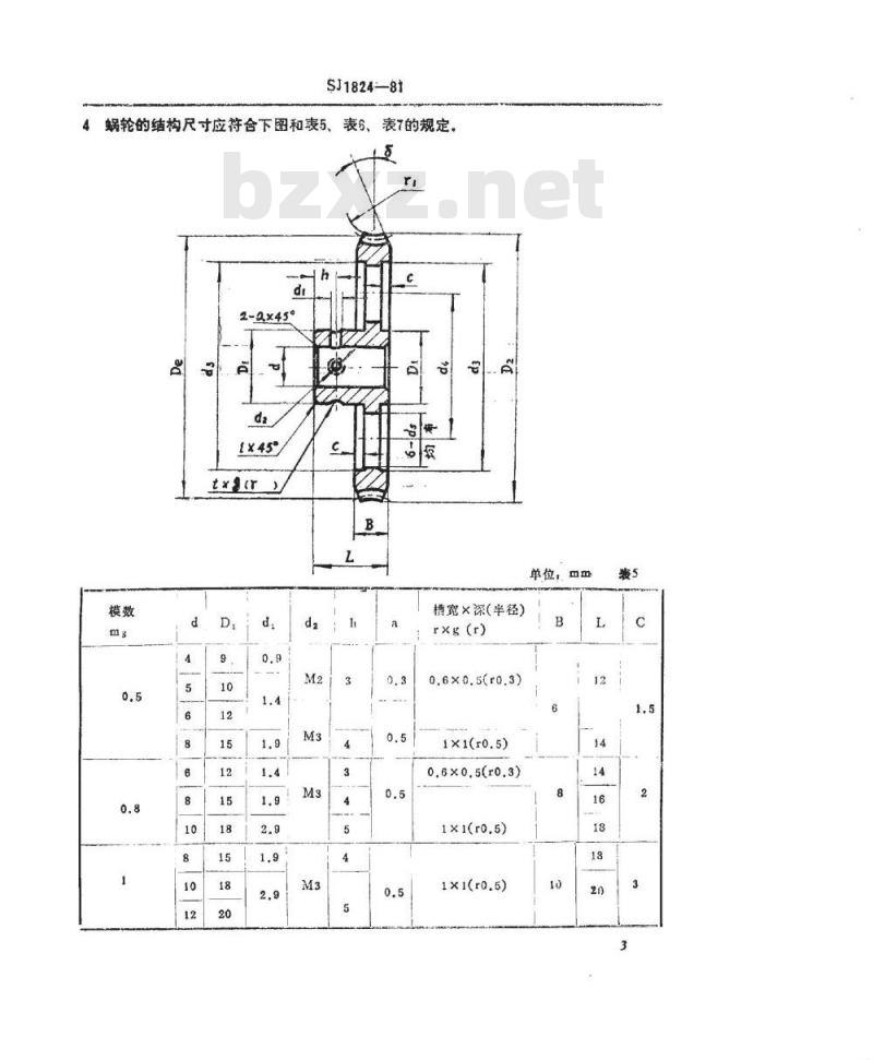 SJ 1824-1981 小模数蜗轮蜗杆优选结构尺寸