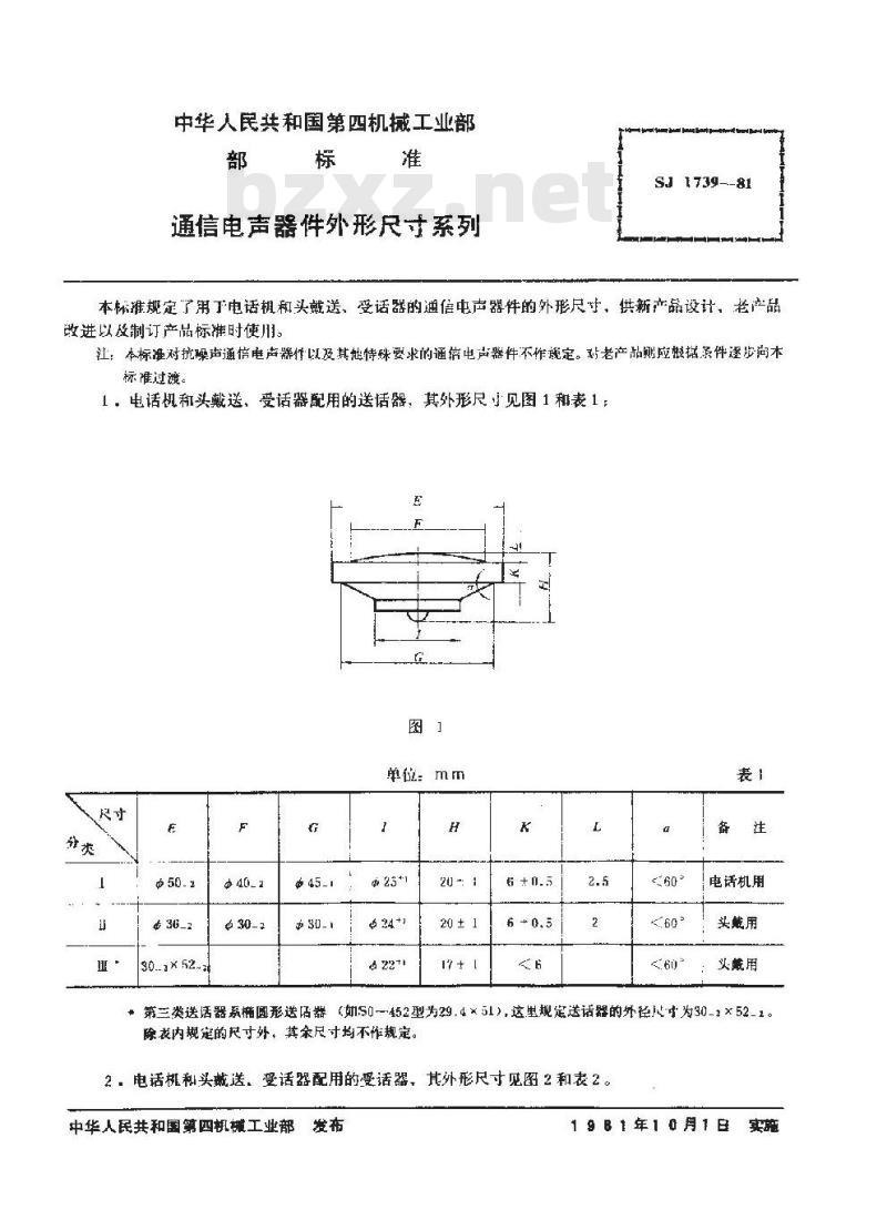 SJ 1739-1981 通信电声器件外形尺寸系列