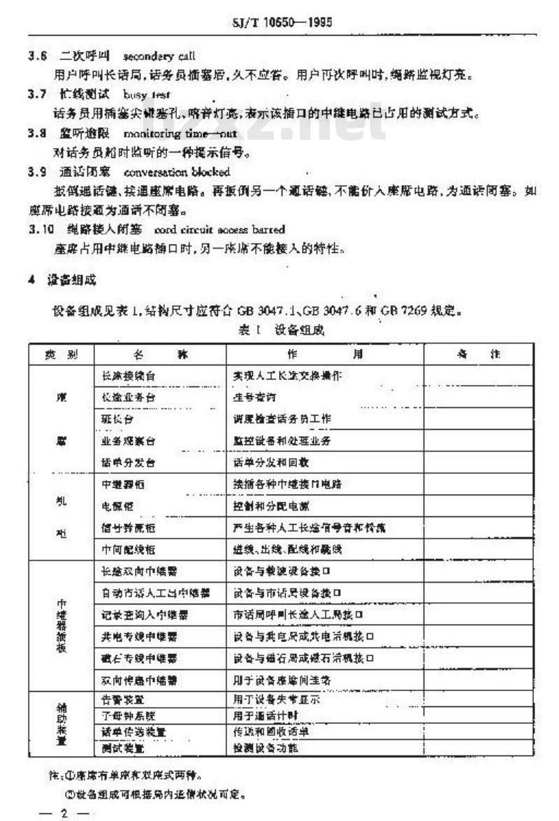 SJ/T 10650-1995 长途人工电话交换设备技术要求