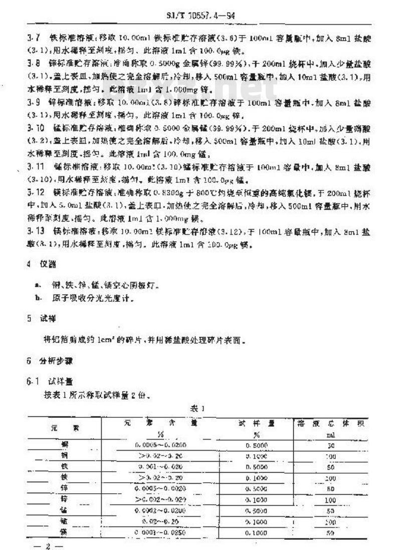 SJ/T 10557.4-1994 电解电容器用铝箔化学分析方法 原子吸收分光光度法测定 铜、铁、锌、锰和镁量