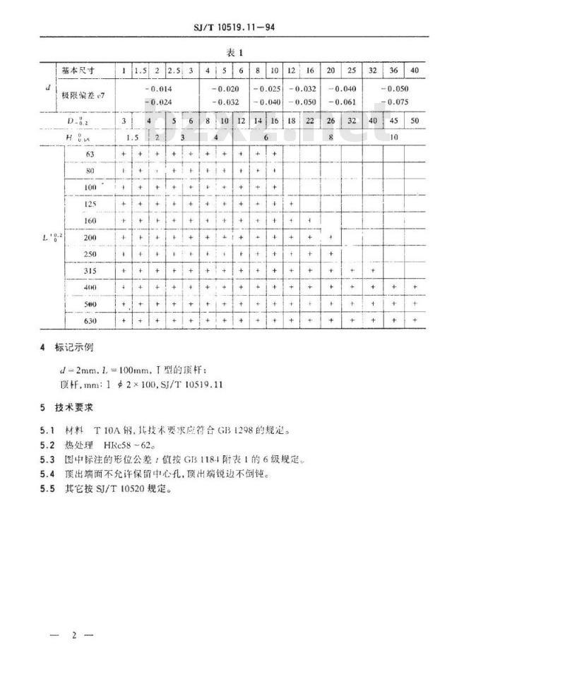 SJ/T 10519.11-1994 塑料注射模零件 顶杆