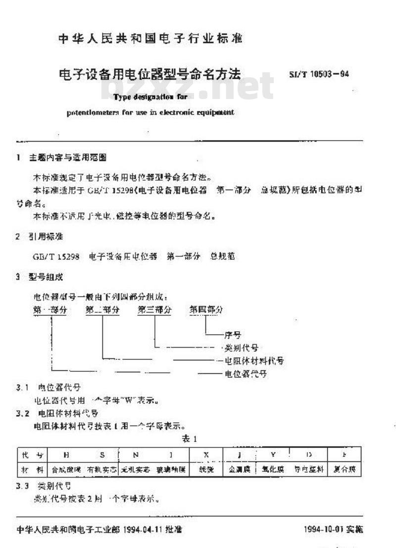 SJ/T 10503-1994 电子设备用电位器型号命名方法