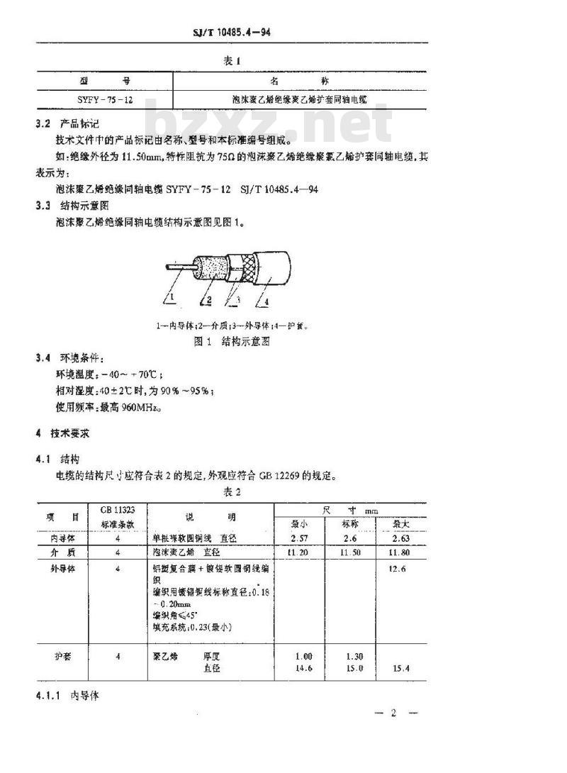 SJ/T 10485.4-1994 ＳＹＦＶ－７５－１２型电缆分配系统用泡沫聚乙烯绝缘同轴电缆