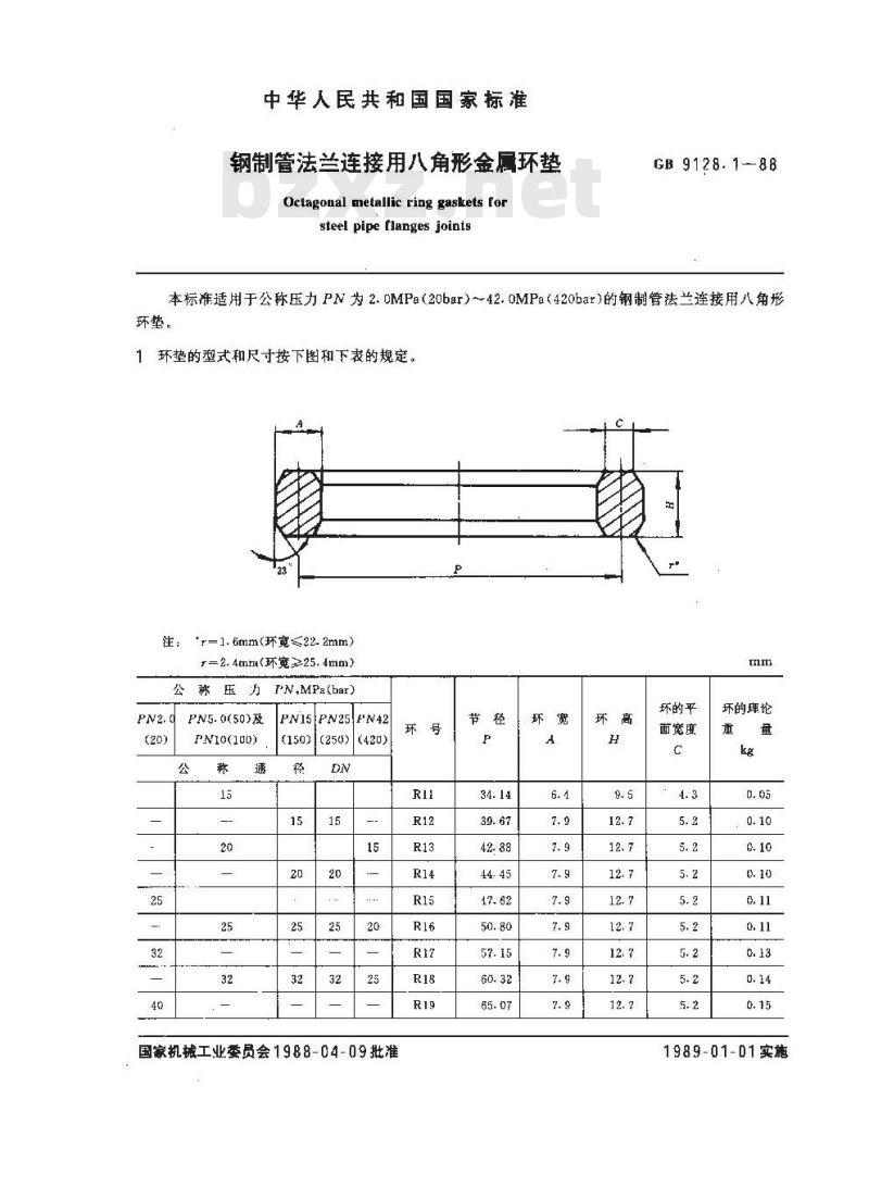 GB/T 9128.1-1988 钢制管法兰连接用八角形金属环垫