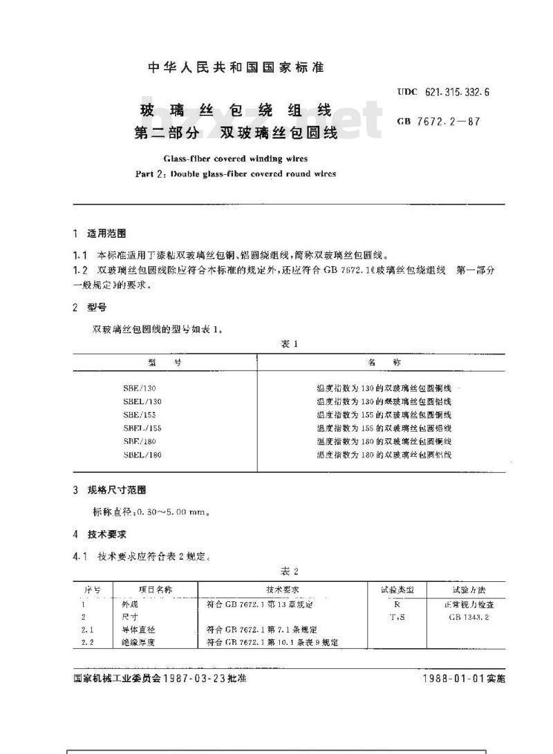 GB 7672.2-1987 玻璃丝包绕组线 第二部分:双玻璃丝包圆线