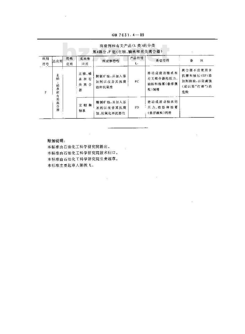 GB 7631.4-1989 润滑剂和有关产品(L类)分类 第四部分:F组(主轴、轴承和有关离合器)