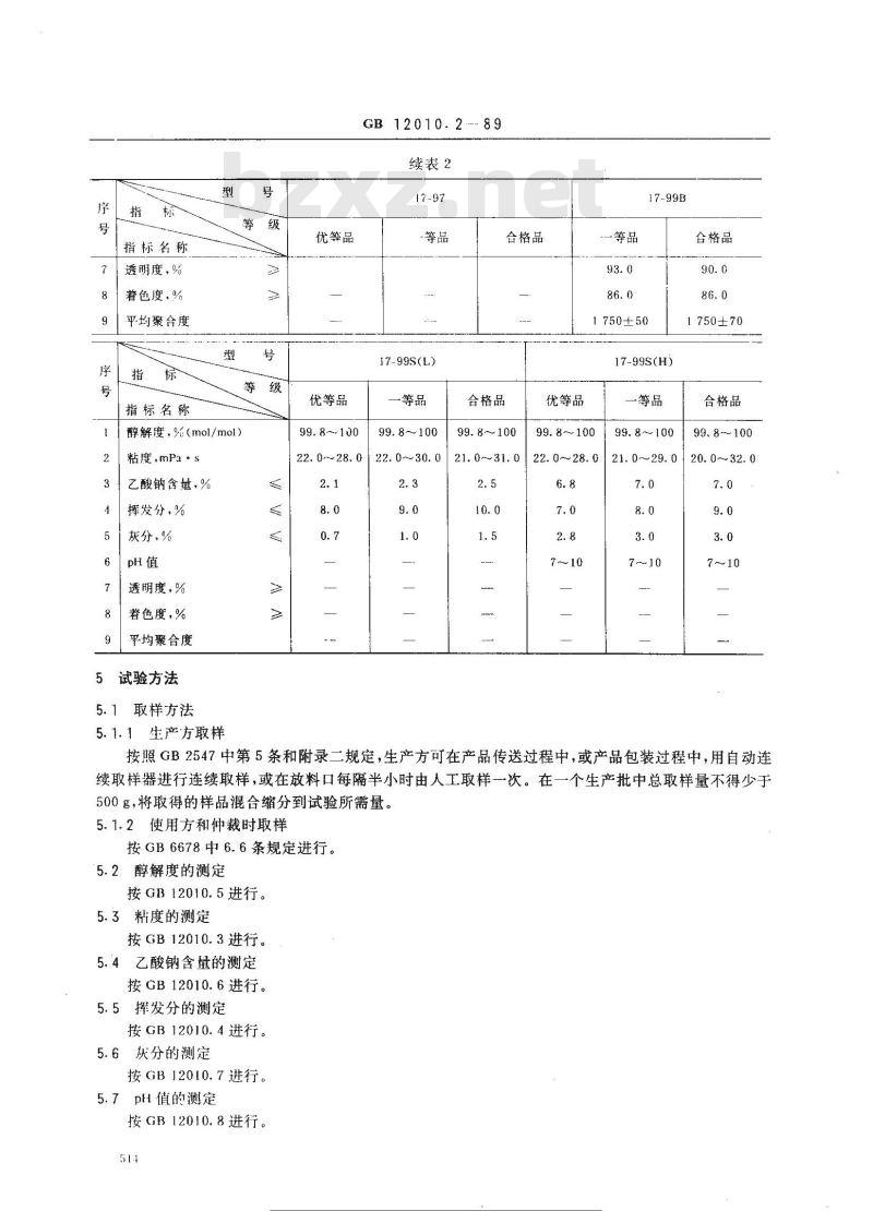 GB/T 12010.2-1989 聚乙烯醇树脂规格