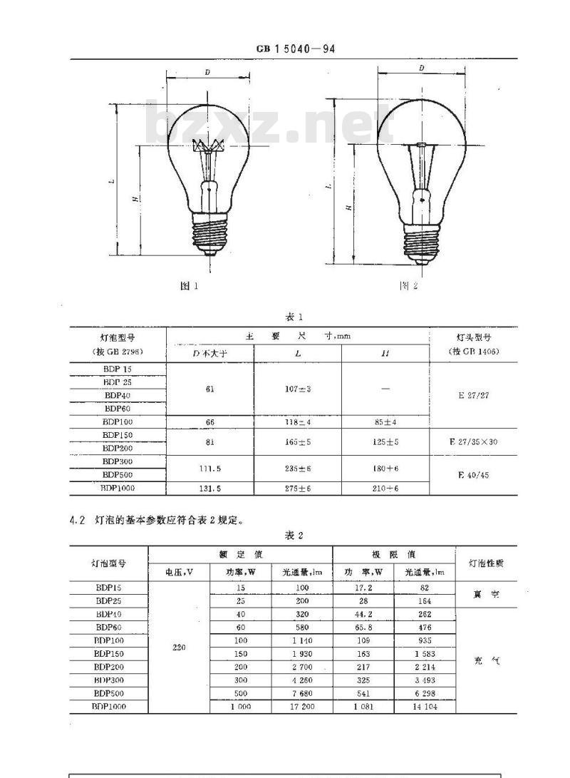 GB 15040-1994 普通测光标准灯泡