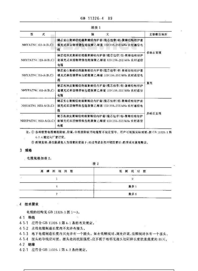GB 11326.4-1989 聚烯烃绝缘铝-聚烯烃粘结护套高频农村通信电缆 铜芯填充电缆