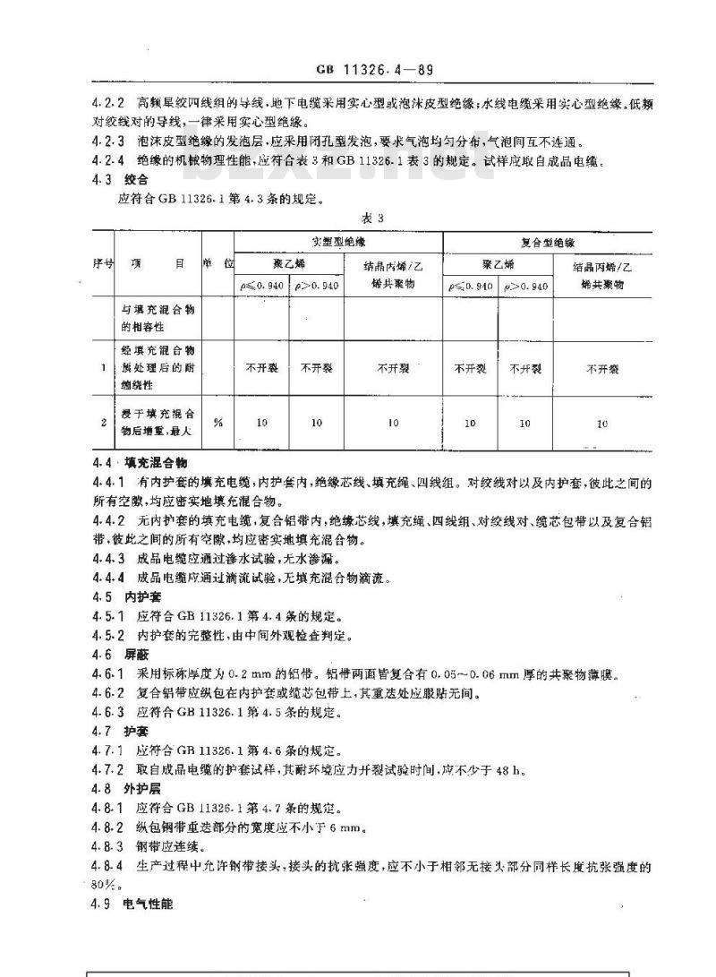 GB 11326.4-1989 聚烯烃绝缘铝-聚烯烃粘结护套高频农村通信电缆 铜芯填充电缆