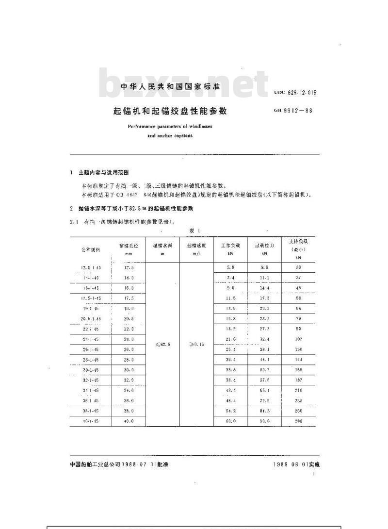 GB 9912-1988 起锚机和起锚绞盘性能参数