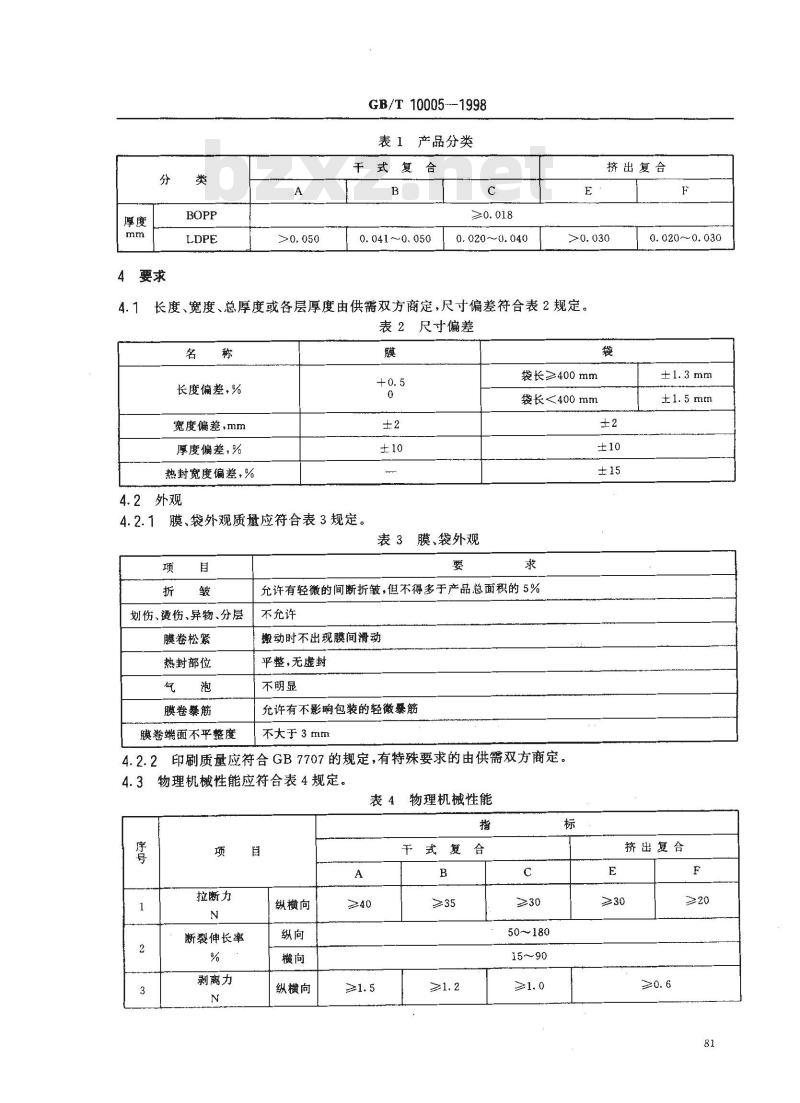 GB/T 10005-1998 双向拉伸聚丙烯(BOPP)/低密度聚乙烯(LDPE)复合膜、袋