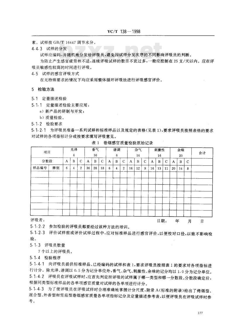 YC/T 138-1998 烟草及烟草制品 感官评价方法