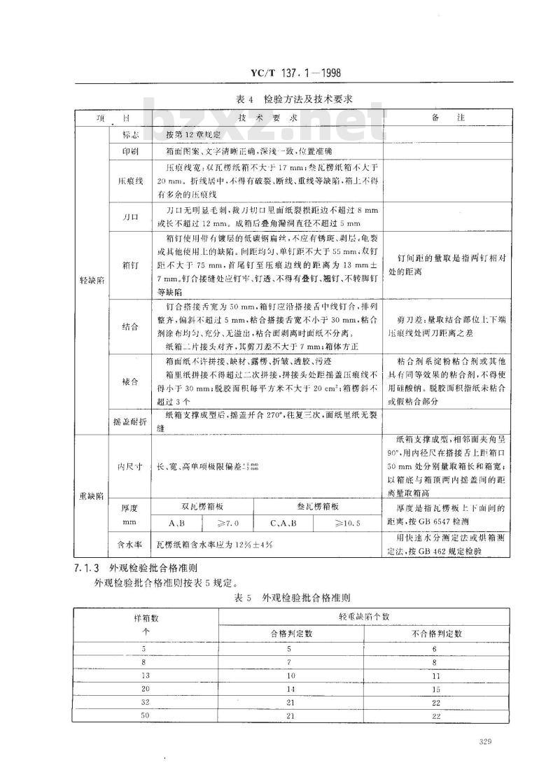 YC/T 137.1-1998 复烤片烟包装 瓦楞纸箱包装