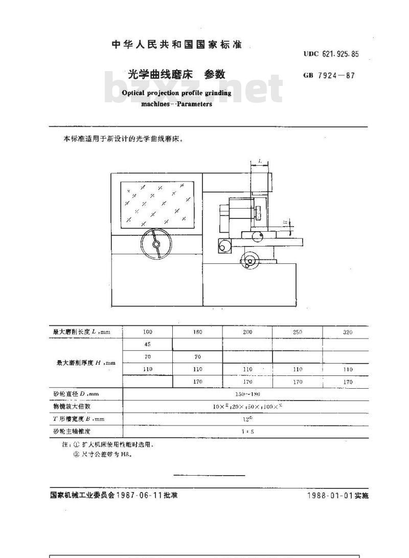 GB/T 7924-1987 光学曲线磨床 参数