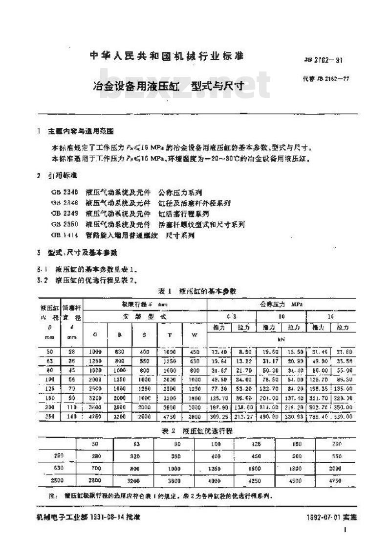 JB/T 2162-1991 冶金设备用液压缸型式与尺寸