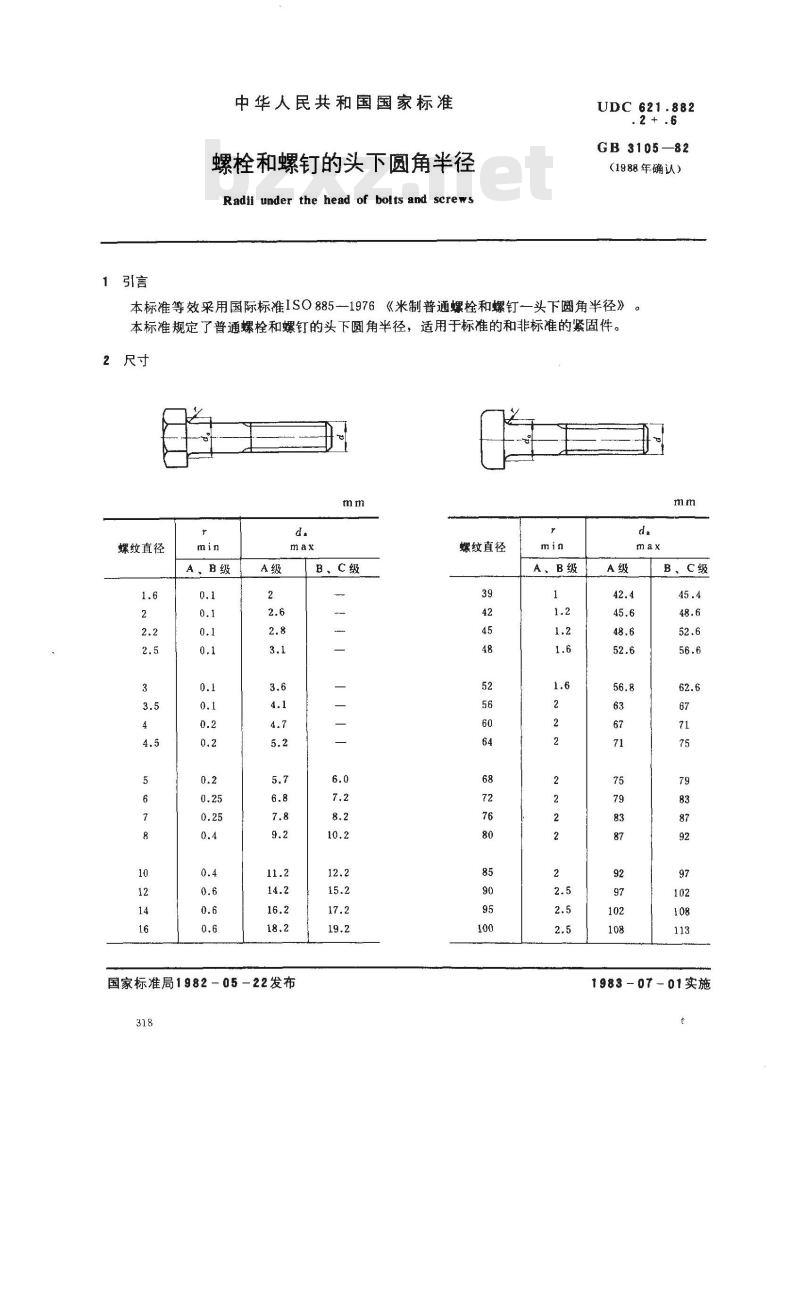 GB/T 3105-1982 螺栓和螺钉的头下圆角半径