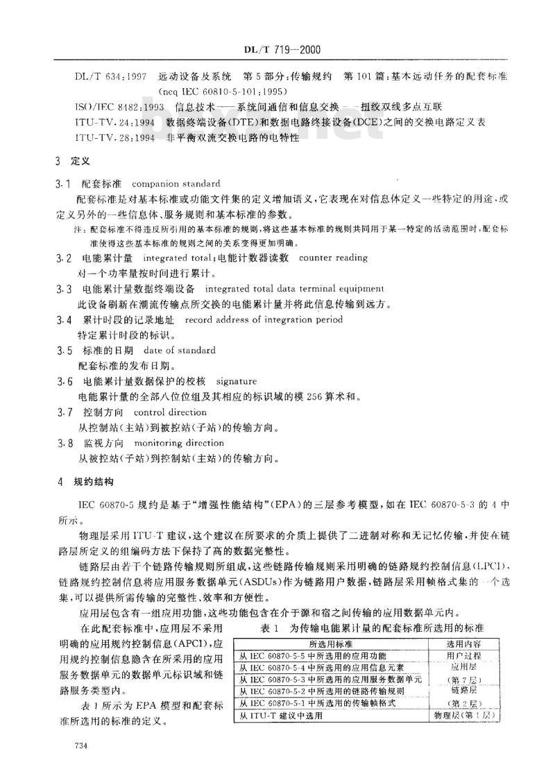 DL/T 719-2000 远动设备及系统 第5部分 传输规约 第102篇 电力系统电能累计量传输配套标准