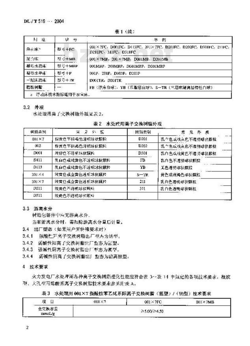 DL/T 519-2004 火力发电厂水处理用离子交换树脂验收标准