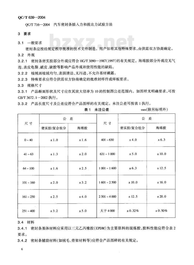 QC/T 639-2004 汽车用橡胶密封条