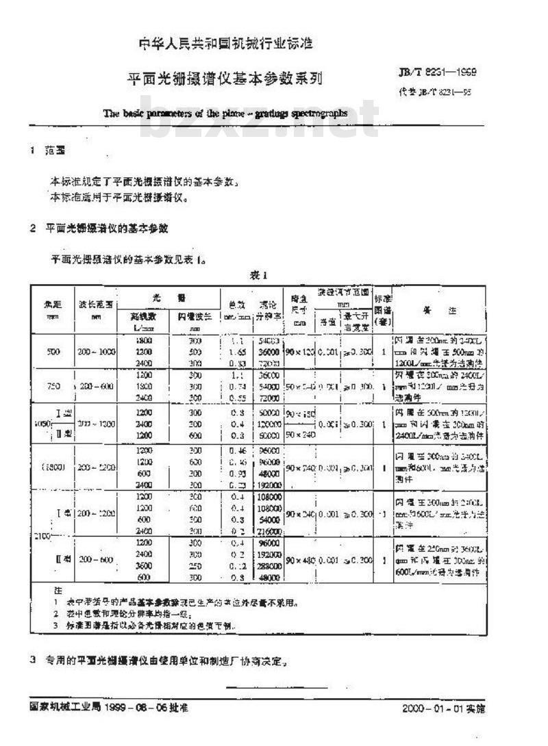 JB/T 8231-1999 平面光栅摄谱仪 基本参数系列