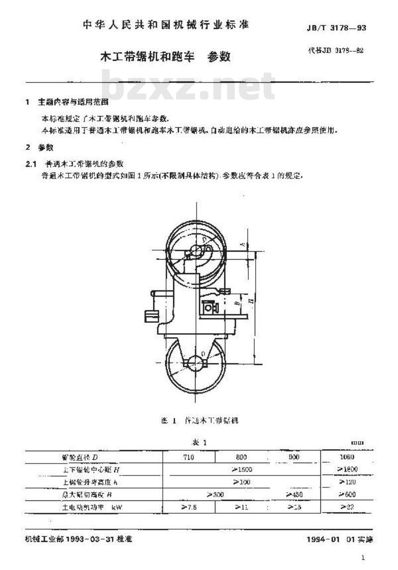 JB/T 3178-1993 木工带锯机和跑车 参数