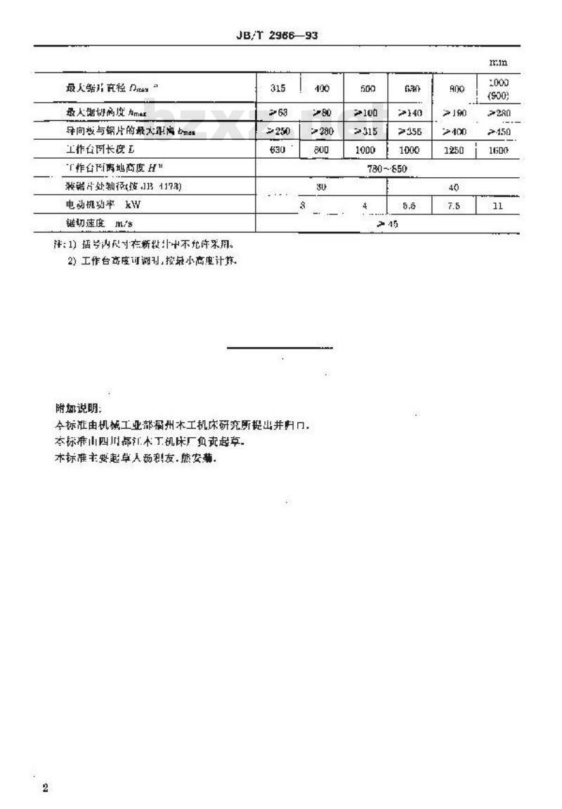 JB/T 2966-1993 纵剖木工圆锯机 参数