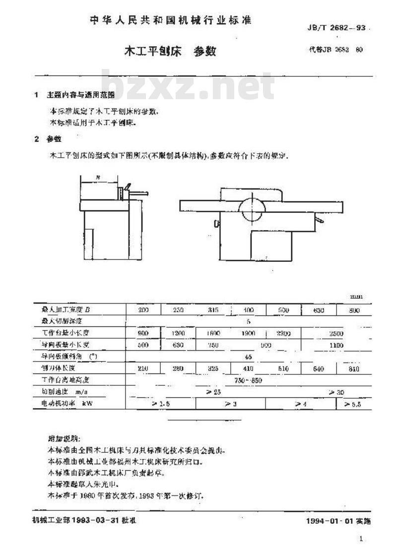 JB/T 2682-1993 木工平刨床 参数
