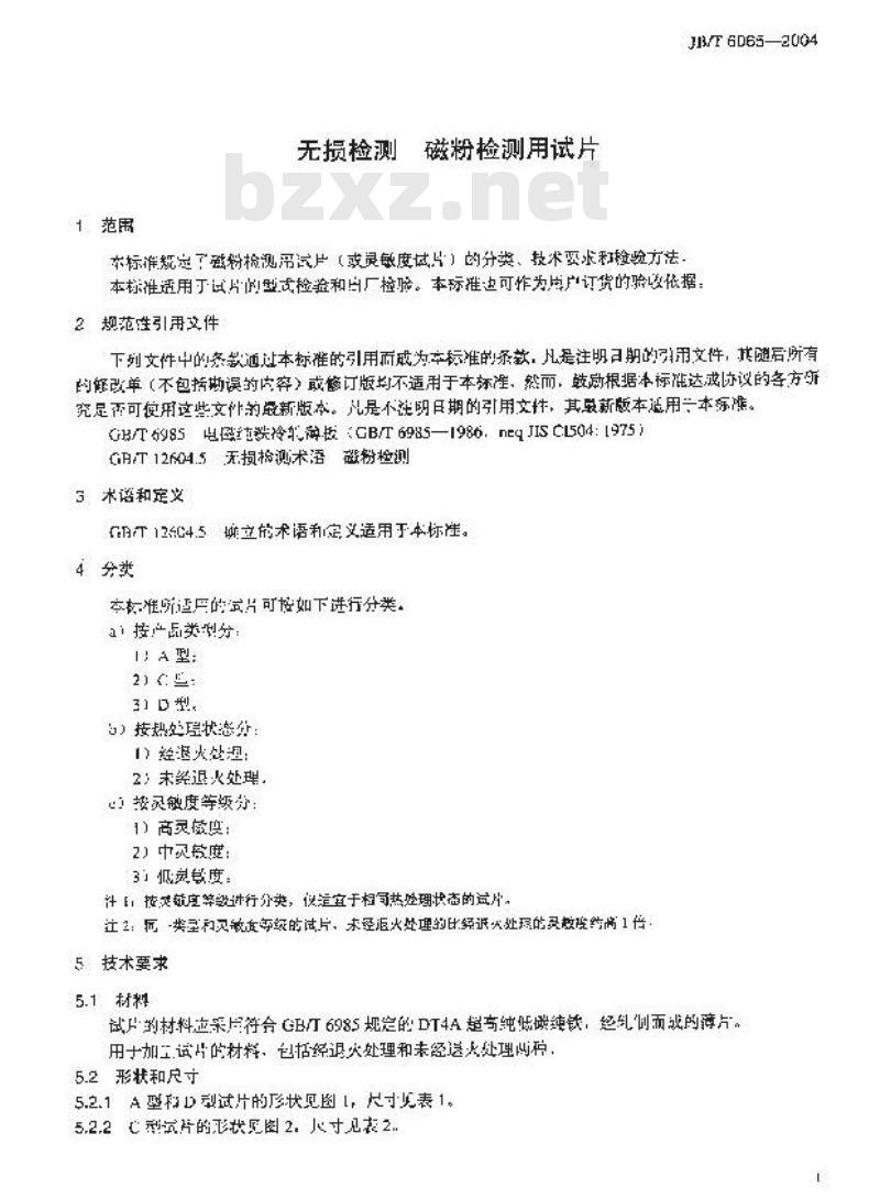 JB/T 6065-2004 无损检测 磁粉检测用试片