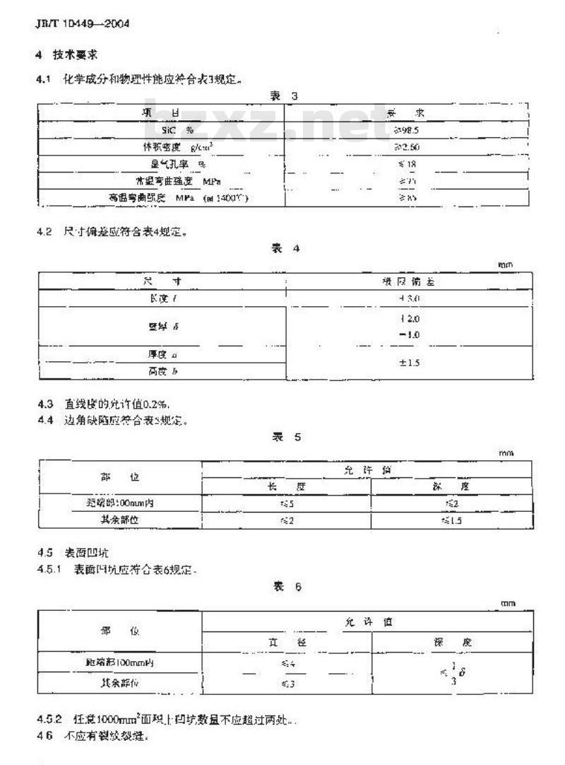 JB/T 10449-2004 碳化硅特种制品 重结晶碳化硅 方梁