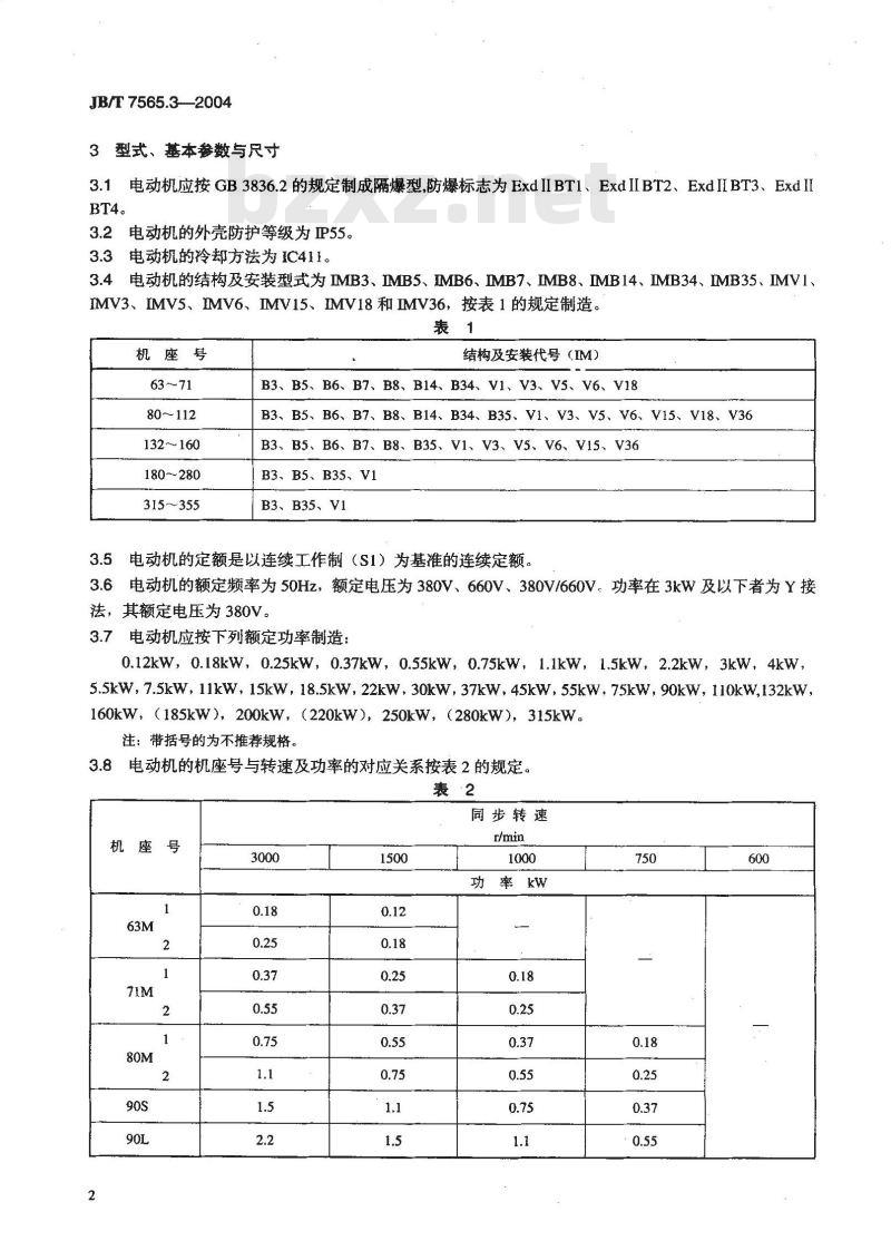 JB/T 7565.3-2004 隔爆型三相异步电动机技术条件 第3部分 YB2-F1、YB2-WF1、YB2-F2、YB2-WF2系列防腐、户外防腐隔爆型三相