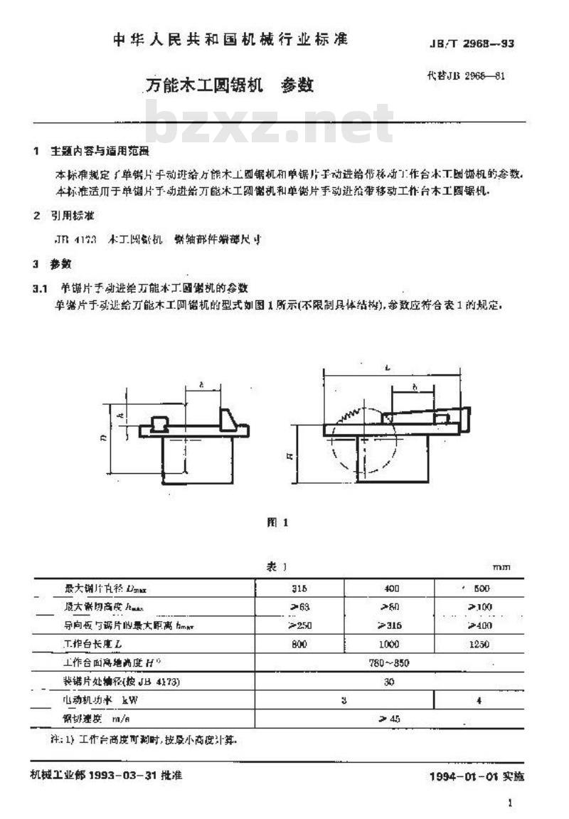 JB/T 2968-1993 万能木工圆锯机 参数