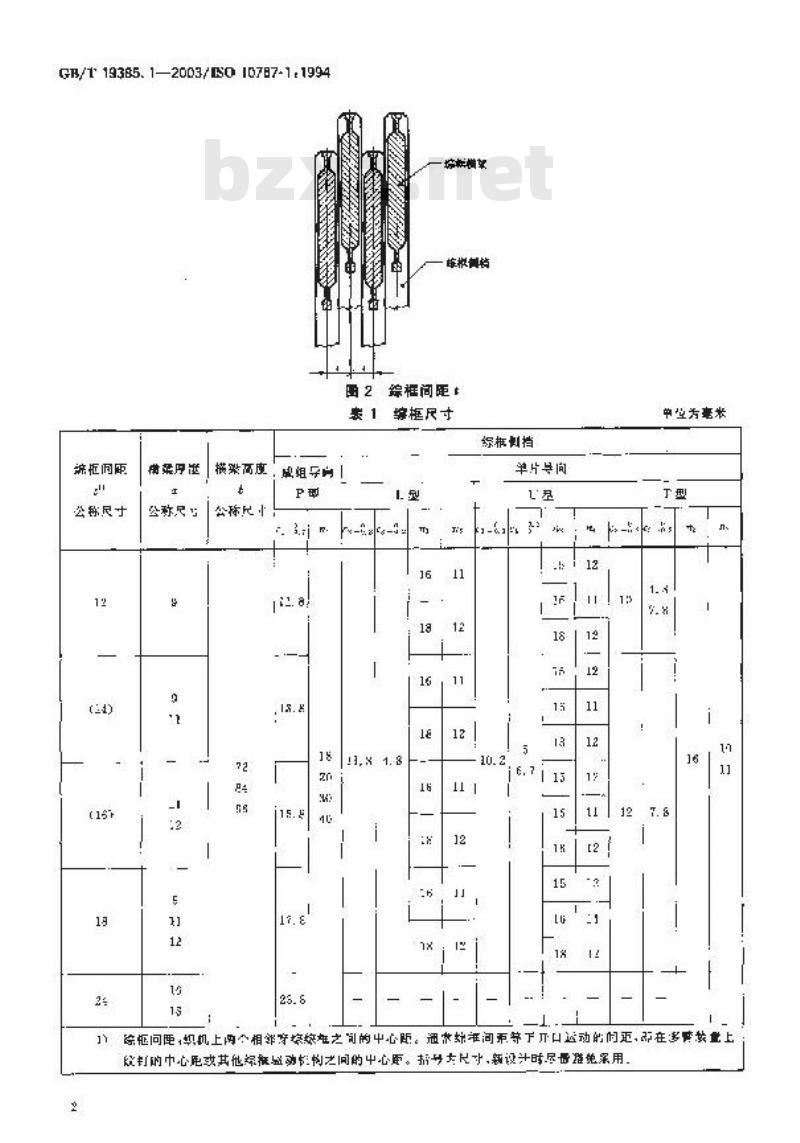 GB/T 19385.1-2003 纺织机械与附件 综框 第1部分：穿综杆用托座固定于综框横梁 相关尺寸