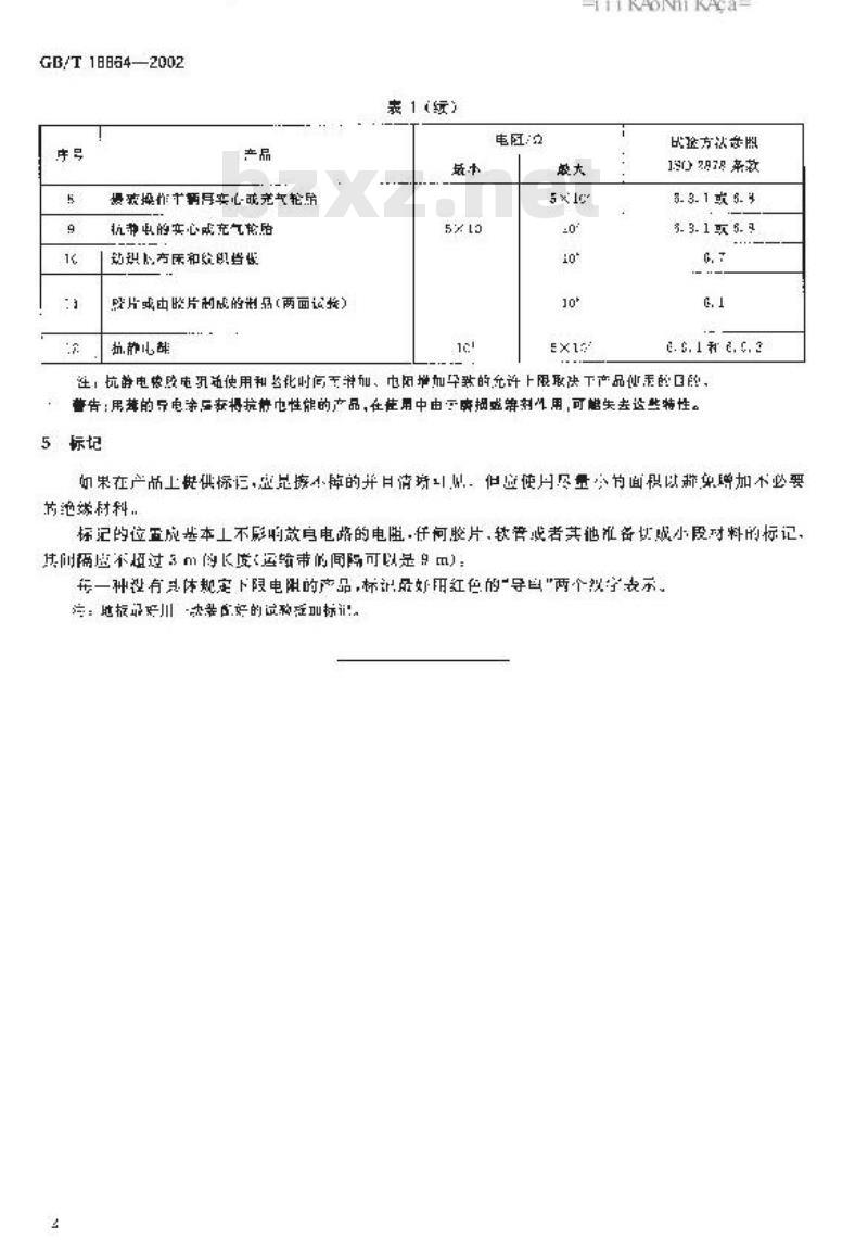 GB/T 18864-2002 硫化橡胶 工业用抗静电和导电产品电阻极限范围