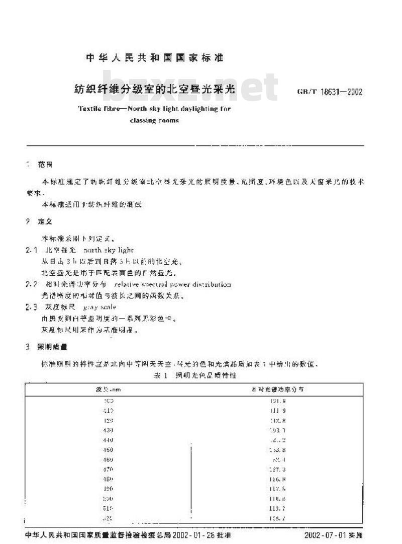 GB/T 18631-2002 纺织纤维分级室的北空昼光采光