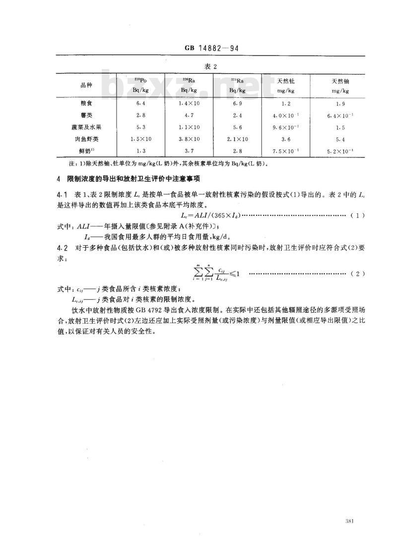 GB 14882-1994 食品中放射性物质限制浓度标准