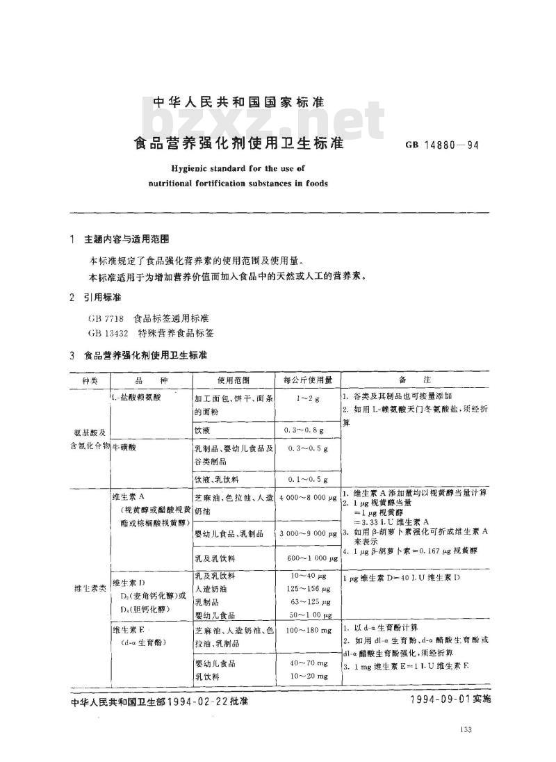GB 14880-1994 食品营养强化剂使用卫生标准