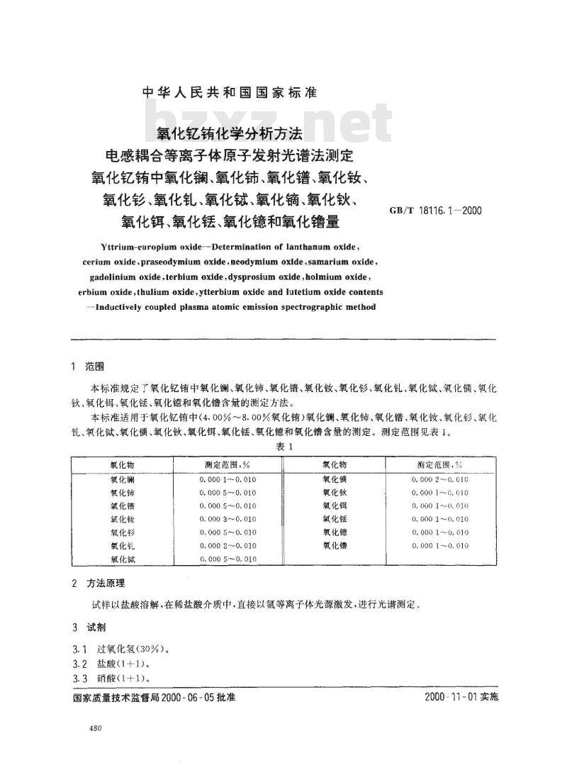GB/T 18116.1-2000 氧化钇铕化学分析方法 电感耦合等离子体原子发射光谱法测定氧化钇铕中氧化镧、氧化铈、氧化镨、氧化钕、氧化钐、氧化钆、氧化铽、氧化镝、氧化钬、氧化饵、氧化铥、氧化镱、氧