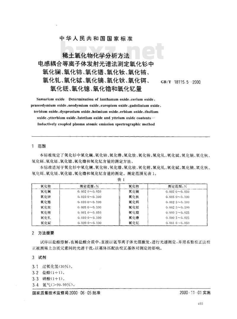 GB/T 18115.5-2000 稀土氧化物化学分析方法 电感耦合等离子体发射光谱法测定氧化钐中氧化镧、氧化铈、氧化镨、氧化钕、氧化铕、氧化钆、氧化铽、氧化镝、氧化钬、氧化铒、氧化铥、氧化镱、氧化镥