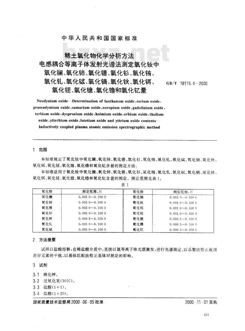 GB/T18115.4-2000 稀土氧化物化学分析方法 电感耦合等离子体发射光谱法测定氧化钕中氧化镧、氧化铈、氧化镨、氧化钐、氧化铕、氧化钆、氧化铽、氧化镝、氧化钬、氧化铒、氧化铥、氧化镱、氧化镥和