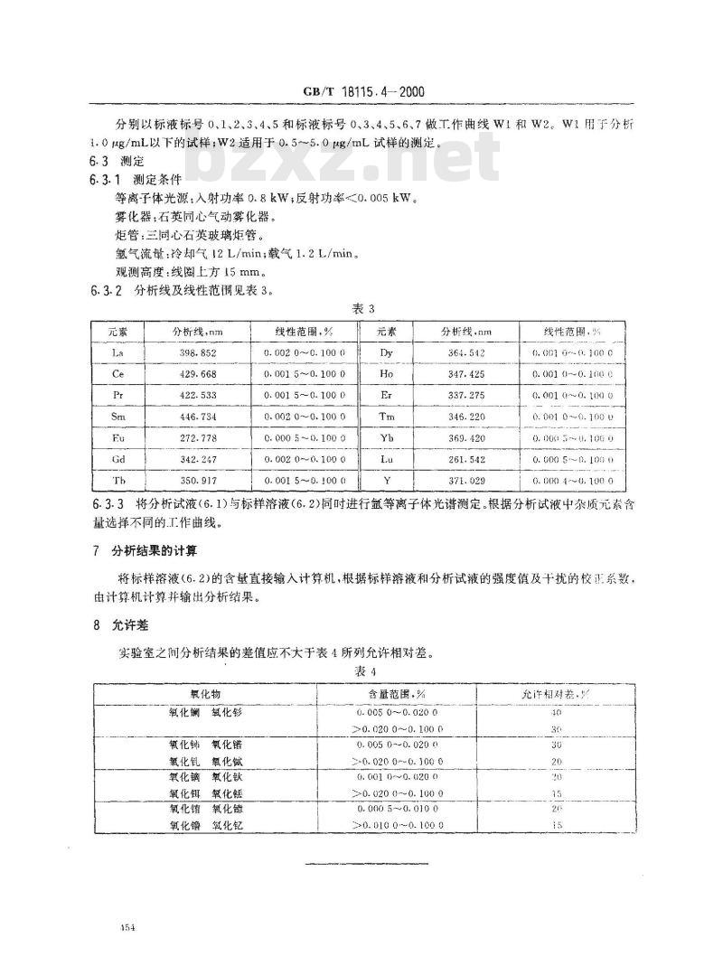 GB/T18115.4-2000 稀土氧化物化学分析方法 电感耦合等离子体发射光谱法测定氧化钕中氧化镧、氧化铈、氧化镨、氧化钐、氧化铕、氧化钆、氧化铽、氧化镝、氧化钬、氧化铒、氧化铥、氧化镱、氧化镥和